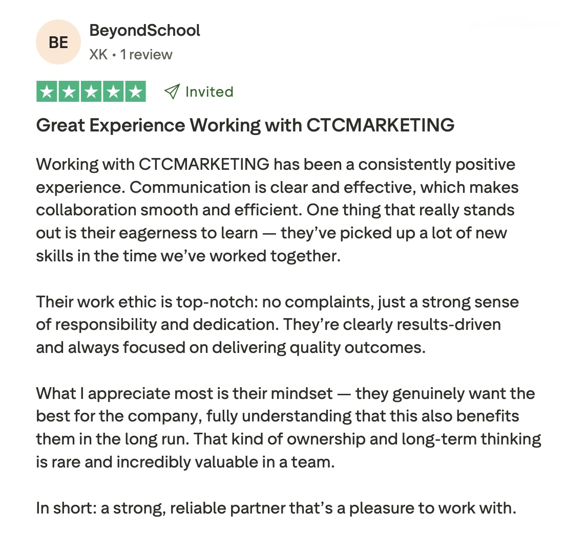 Trustpilot-review van BeyondSchool: Great Experience Working with CTCMARKETING