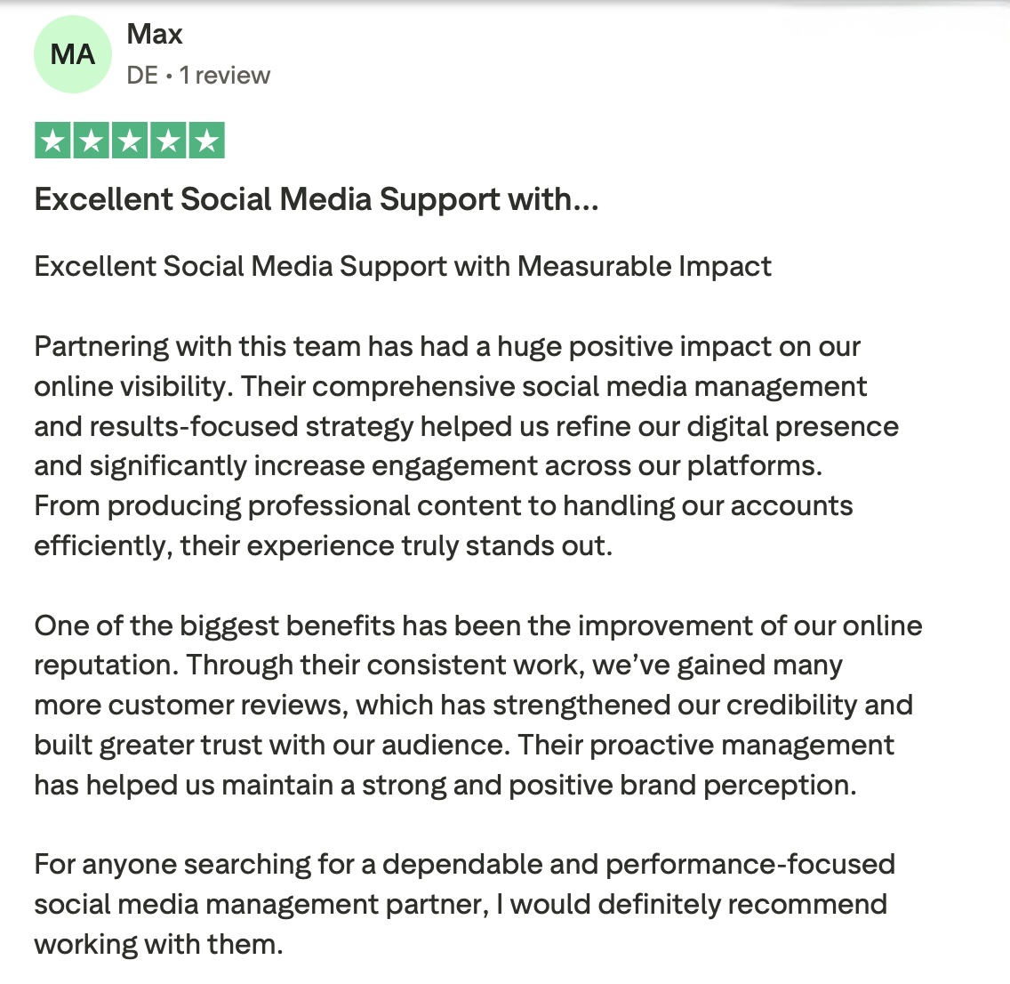 Trustpilot-review van Max: Excellent Social Media Support with Measurable Impact